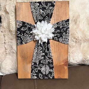 Decorative Wooden Plaque with Black and White Ribbon Cross…Handmade